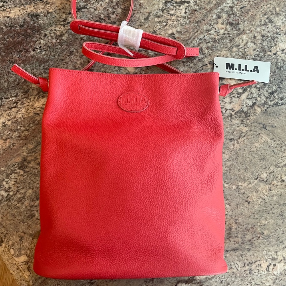 Red leather crossbody bag. Made in LA